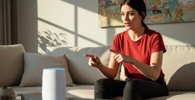 Asistente de voz activado en un altavoz inteligente en casa.